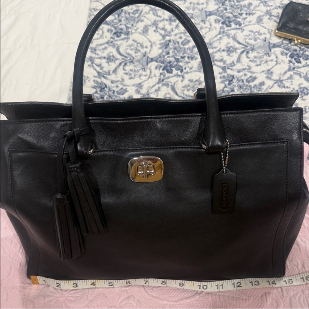 Coach Black Leather Tote with Tassel